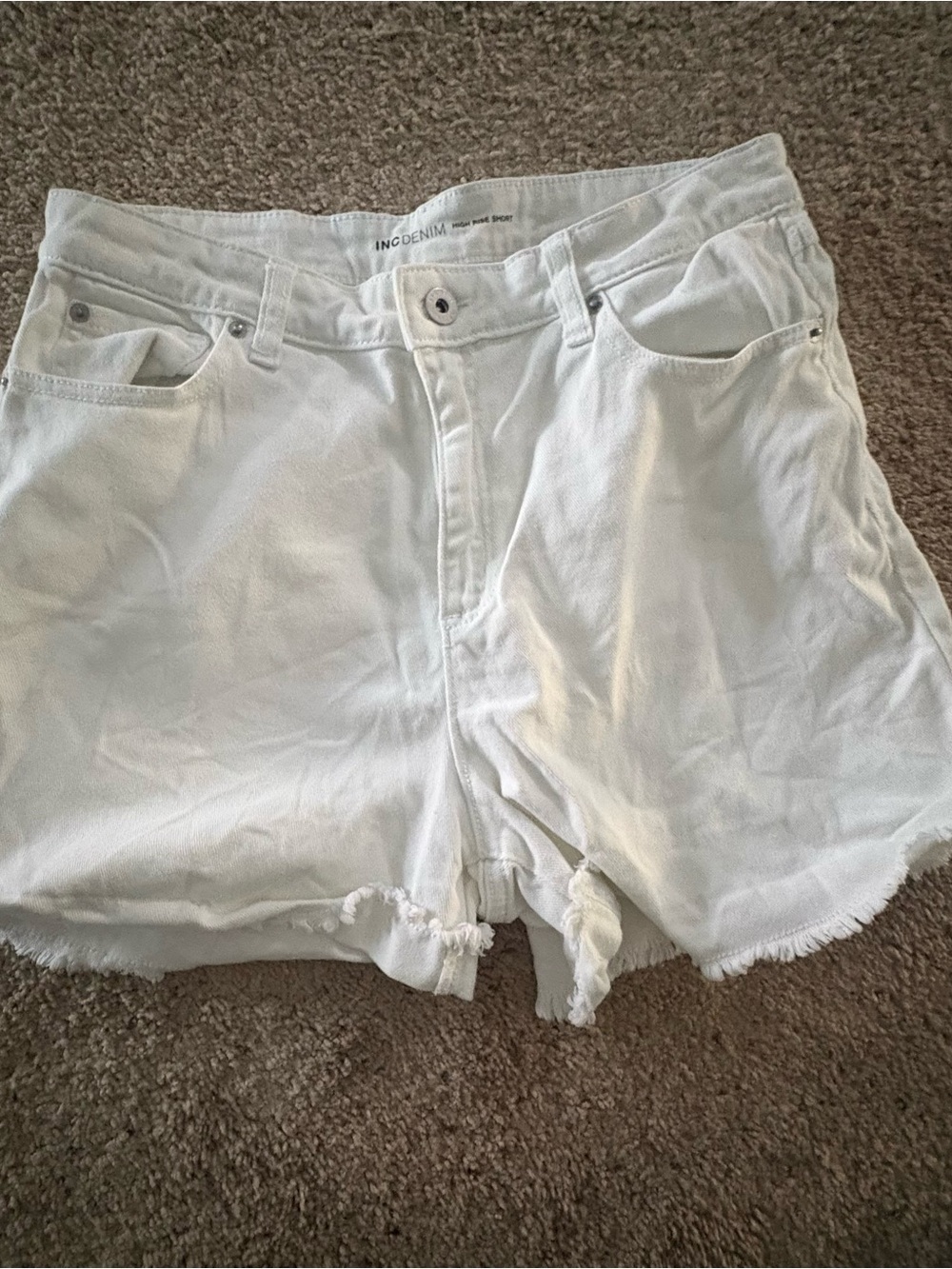 INC International Concepts White High-Rise Denim Shorts with Frayed Hem
